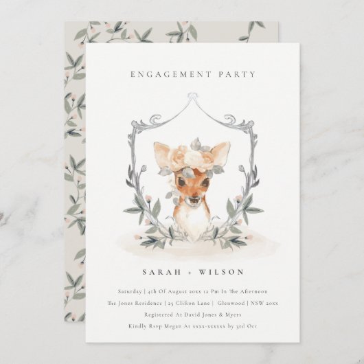 エレガントかわいい鹿フローラクレスト婚約招待状 サンキューカード (正面/裏面)