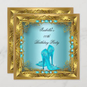 エレガントかわいらしティール（緑がかった色）ハイヒール金ゴールド誕生日パーティー 招待状 (正面/裏面)