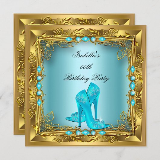 エレガントかわいらしティール（緑がかった色）ハイヒール金ゴールド誕生日パーティー 招待状 (正面/裏面)
