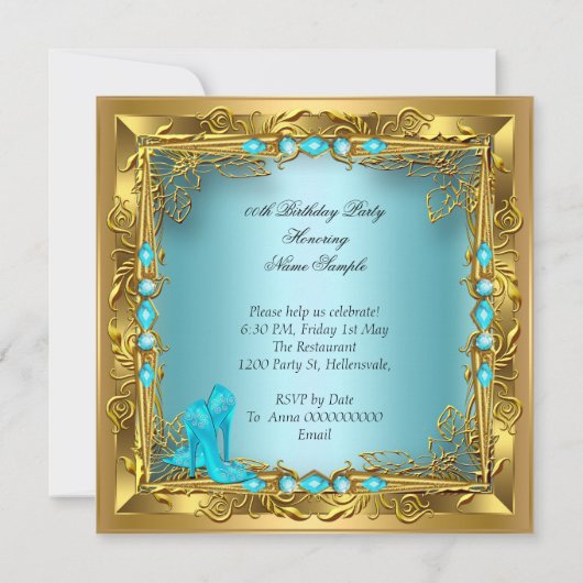 エレガントかわいらしティール（緑がかった色）ハイヒール金ゴールド誕生日パーティー 招待状 (裏面)