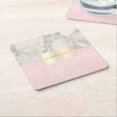 エレガントかわいらしバラ金ゴールドグリッターとホワイトマーブル スクエアペーパーコースター (アングル)