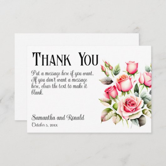 エレガントかわいらしピンク結婚ローズサンキューカード 招待状 (正面/裏面)