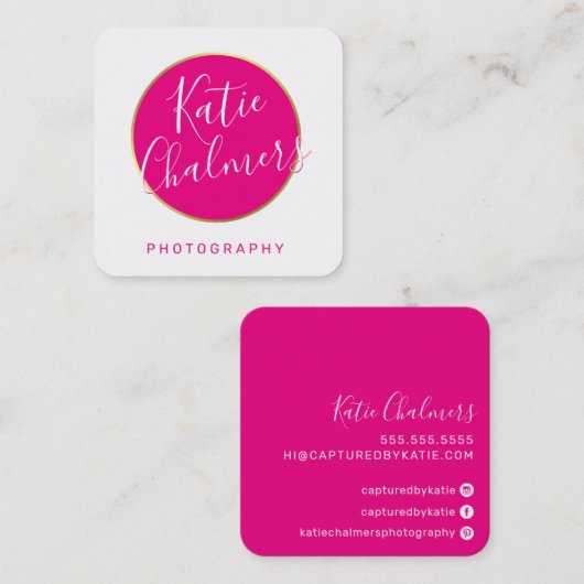 エレガントかわいらしモダン金ゴールド熱ピンク スクエア名刺 (正面/裏面)