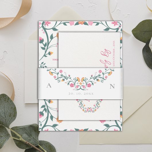 エレガントかわいらしモノグラムイニシャル結婚フローラ 招待状ベリーバンド