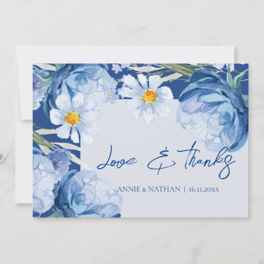 エレガントかわいらし青い花トレンディー結婚フローラ サンキューカード (正面)