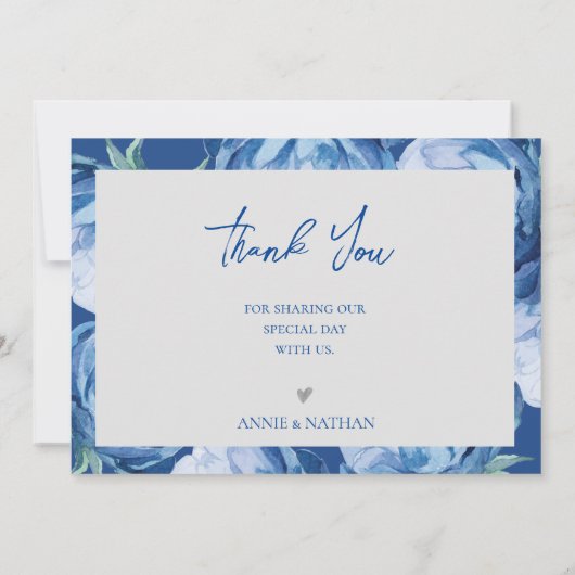 エレガントかわいらし青い花トレンディー結婚フローラ サンキューカード (裏面)