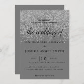 エレガントきらめくモダンシルバー結婚グレイ 招待状 (正面/裏面)