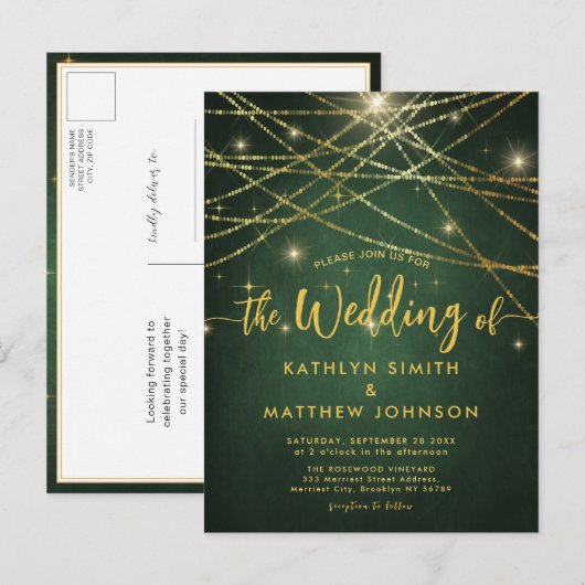 エレガントきらめく金ゴールド列結婚灯 インビテーションポストカード (正面/裏面)