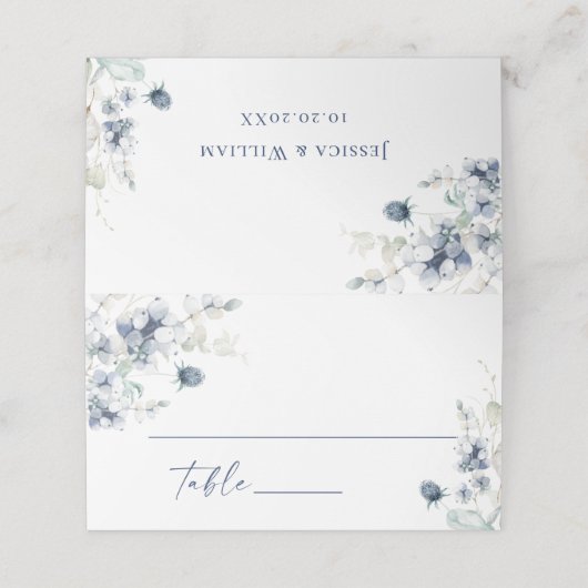 エレガントくすんだ青い冬の結婚葉のテーブル プレイスカード (外部開封)