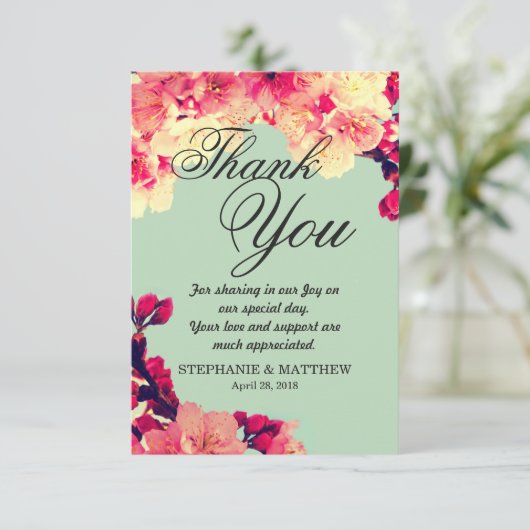 エレガントさくらんぼの花オン素朴ティール（緑がかった色） サンキューカード (スタンド正面)