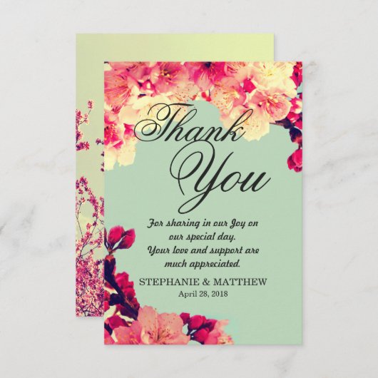 エレガントさくらんぼの花オン素朴ティール（緑がかった色） サンキューカード (正面/裏面)