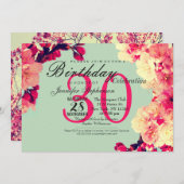 エレガントさくらんぼの花オン素朴ティール（緑がかった色） 招待状 (正面/裏面)