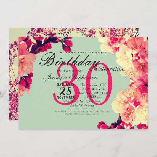 エレガントさくらんぼの花オン素朴ティール（緑がかった色） 招待状 (正面/裏面)