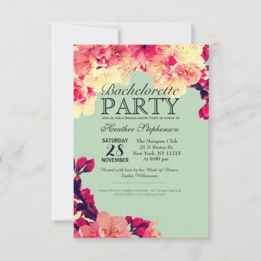 エレガントさくらんぼの花オン素朴ティール（緑がかった色） 招待状 (正面)