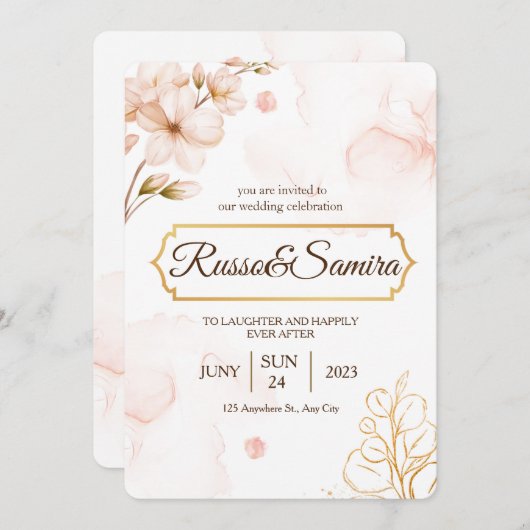 エレガントさくらんぼブルソム水の色結婚の 招待状 (正面/裏面)