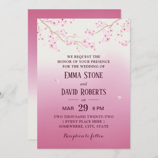 エレガントさくらんぼブロッサムグラデーションフローラ結婚ズ 招待状 (正面/裏面)