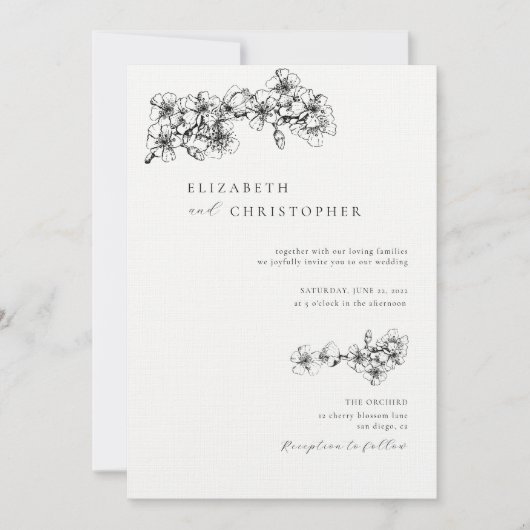 エレガントさくらんぼブロッサムスケッチ植物性BW結婚の 招待状 (正面)