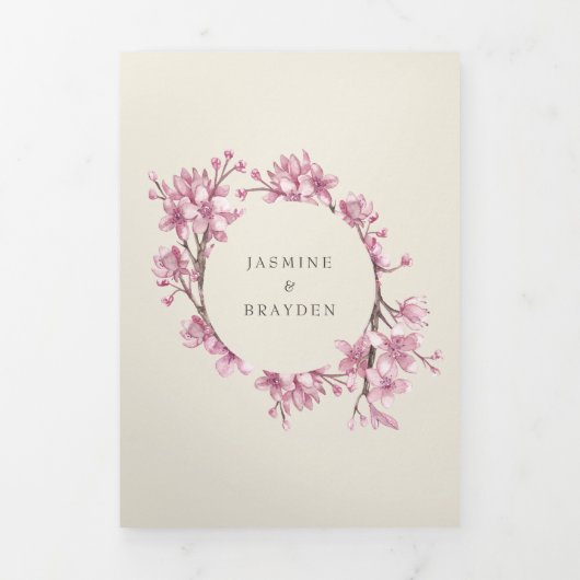 エレガントさくらんぼブロッサムピンクフローラ結婚ズ 三つ折り招待状 (カバー)