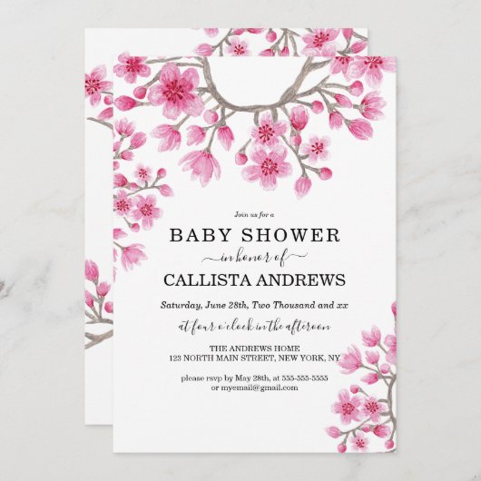 エレガントさくらんぼ日本のフローラ赤ちゃんシャワー 招待状 (正面/裏面)