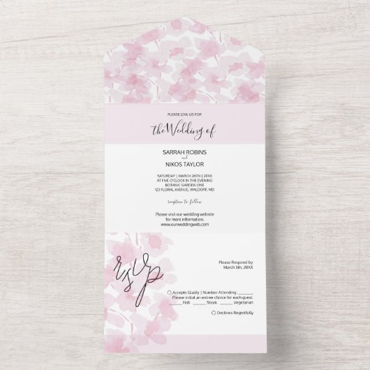 エレガントさくらんぼ花水彩手絵を描 オールインワン招待状 (内側)