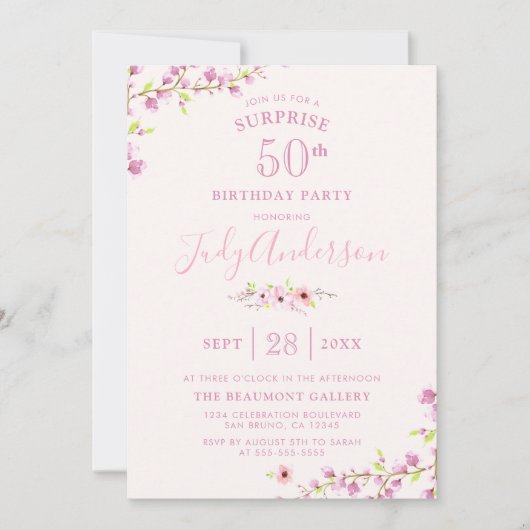 エレガントさくらんぼ | サプライズ誕生日パーティー 招待状 (正面)