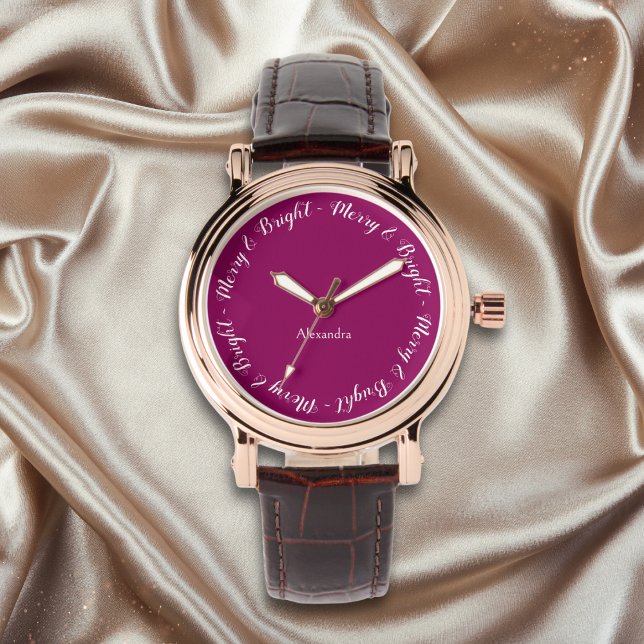 エレガントでおしゃれなクリスマス 腕時計 (An elegant watch with magenta face and 'Merry & Bright' caption around the edge)