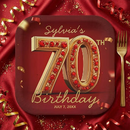 エレガントでおしゃれなゴールドとレッドのジュエルデザインの70歳の誕生日 ペーパープレート