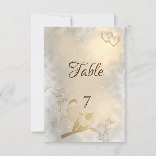 エレガントでおしゃれなゴールドのハートと鳥のテーブルカード 招待状 (正面)