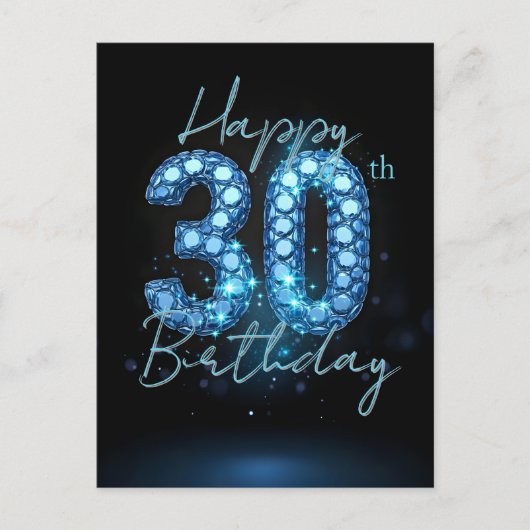 エレガントでおしゃれなサファイアブルーとブラックの 30歳の誕生日 ポストカード (正面)