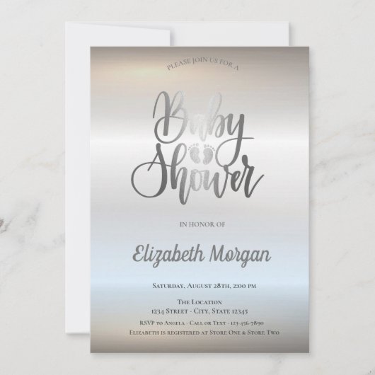 エレガントでおしゃれなシルバーのベビーシャワー 招待状 (正面)