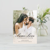 エレガントでおしゃれなスクリプト写真 ウェディング延期のお知らせ 案内状 (スタンド正面)