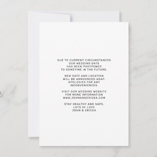 エレガントでおしゃれなスクリプト写真 ウェディング延期のお知らせ 案内状 (裏面)