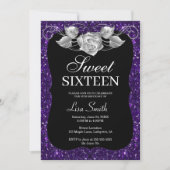 エレガントでおしゃれなパープルグリッター シルバーローズ スイート16 招待状 (正面)