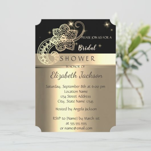 エレガントでおしゃれなブラックとゴールドのペイズリー柄の結婚前お披露目パーティー 招待状 (スタンド正面)
