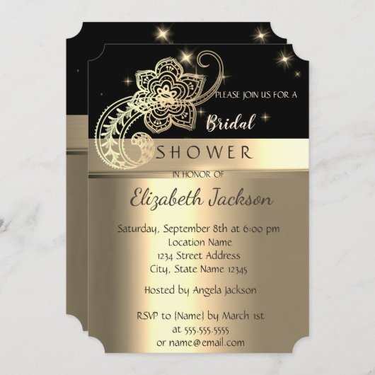 エレガントでおしゃれなブラックとゴールドのペイズリー柄の結婚前お披露目パーティー 招待状 (正面/裏面)