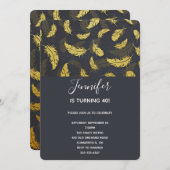 エレガントでおしゃれなブラックとゴールドの羽の誕生日 招待状 (正面/裏面)