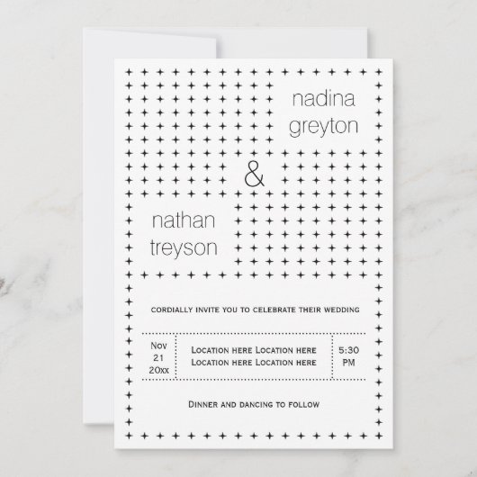 エレガントでおしゃれなブラックとホワイトの幾何学模様の結婚式 招待状 (正面)