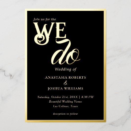 エレガントでおしゃれなブラック&ゴールドのタイポグラフィー 私たちと一緒に 箔招待状 (正面)