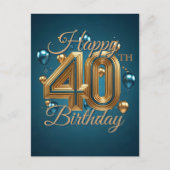 エレガントでおしゃれなブルーとゴールドの風船 40歳の誕生日 ポストカード (正面)