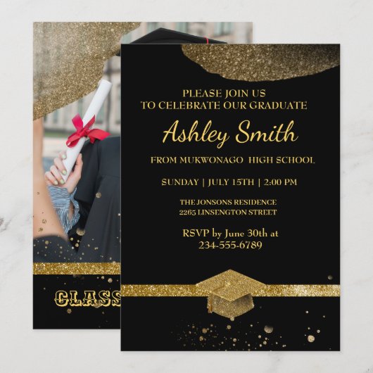 エレガントでおしゃれな卒業式 招待状 (正面/裏面)