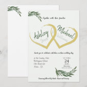 エレガントでおしゃれな水彩画のグリーン ウェディング 招待状 (正面/裏面)