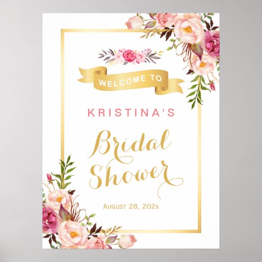 エレガントでおしゃれな花柄ゴールドフレーム ブライダルシャワー ポスター (正面)