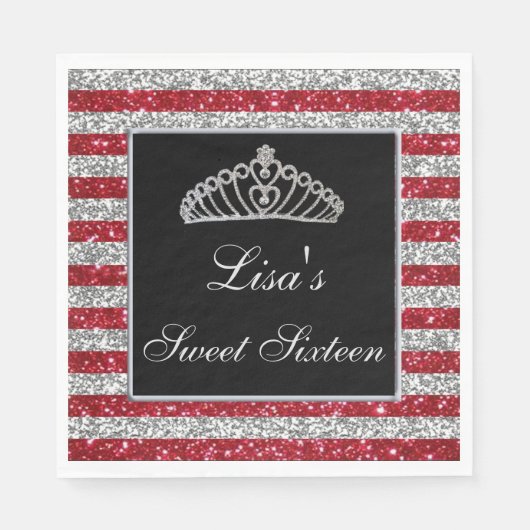 エレガントでおしゃれな赤と銀のグリッターのティアラ　スイート16 スタンダードランチョンナプキン (正面)