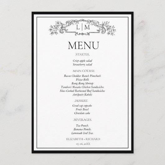 エレガントでおしゃれな カップルシャワーの ブライダルシャワーメニュー メニュー (正面)
