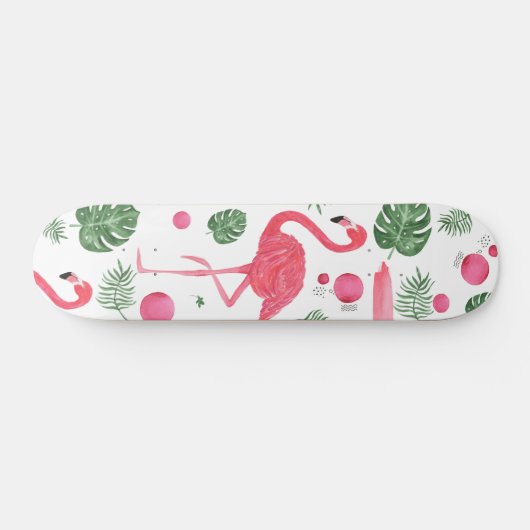 エレガントでかわいいピンクの水彩画のフラミンゴ花 スケートボード (横)