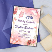 エレガントでかわいいピンクの花と蝶の75歳の誕生日 招待状