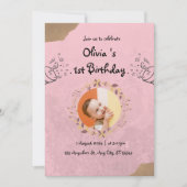 エレガントでかわいいピンクの1歳誕生日パーティー 招待状 (正面)