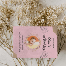 エレガントでかわいいピンクの1歳誕生日パーティー 招待状