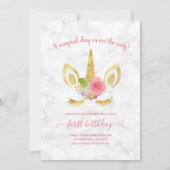エレガントでかわいいファーストバースデー ゴールドグリッター ユニコーン 招待状 (正面)