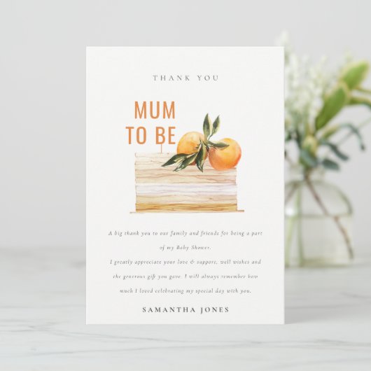 エレガントでかわいいボヘミアオレンジ フルーツケーキ ベビーシャワー サンキューカード (スタンド正面)